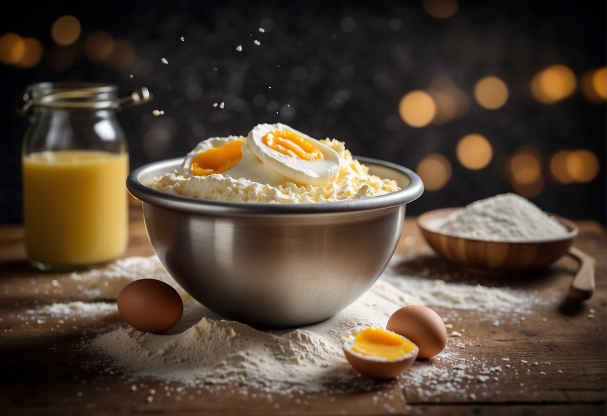 A mixing bowl filled with flour, sugar, and butter. A separate bowl with whisked eggs and milk. A tart mold lined with pastry, ready for filling