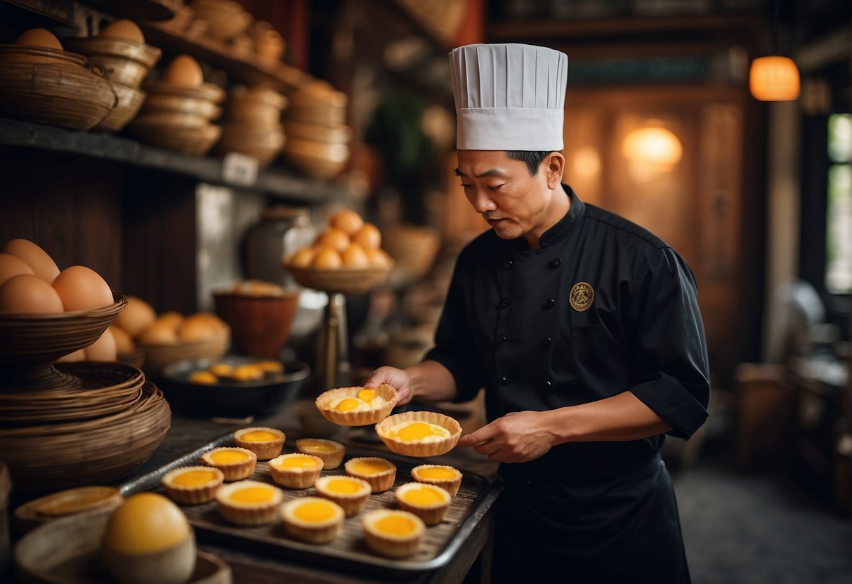 A chef prepares traditional Chinese egg tarts, surrounded by historical artifacts and cultural symbols