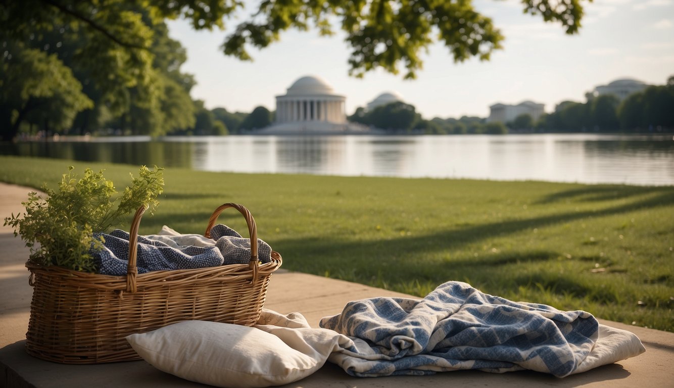 Lush greenery surrounds the serene Tidal Basin, with scattered picnic blankets and baskets, and the Jefferson Memorial in the background