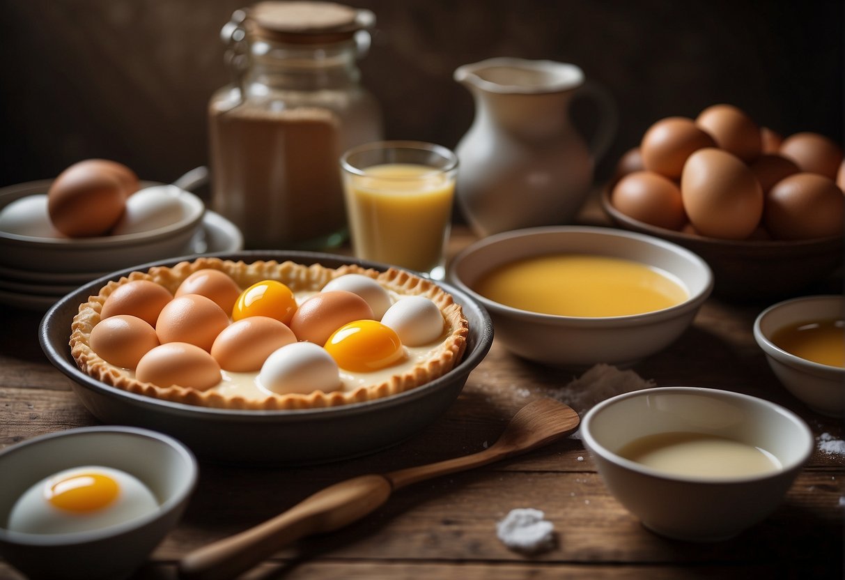 A table with ingredients: eggs, milk, sugar, and pastry dough. A mixing bowl, whisk, and tart molds. A recipe book open to "Chinese Egg Tart."