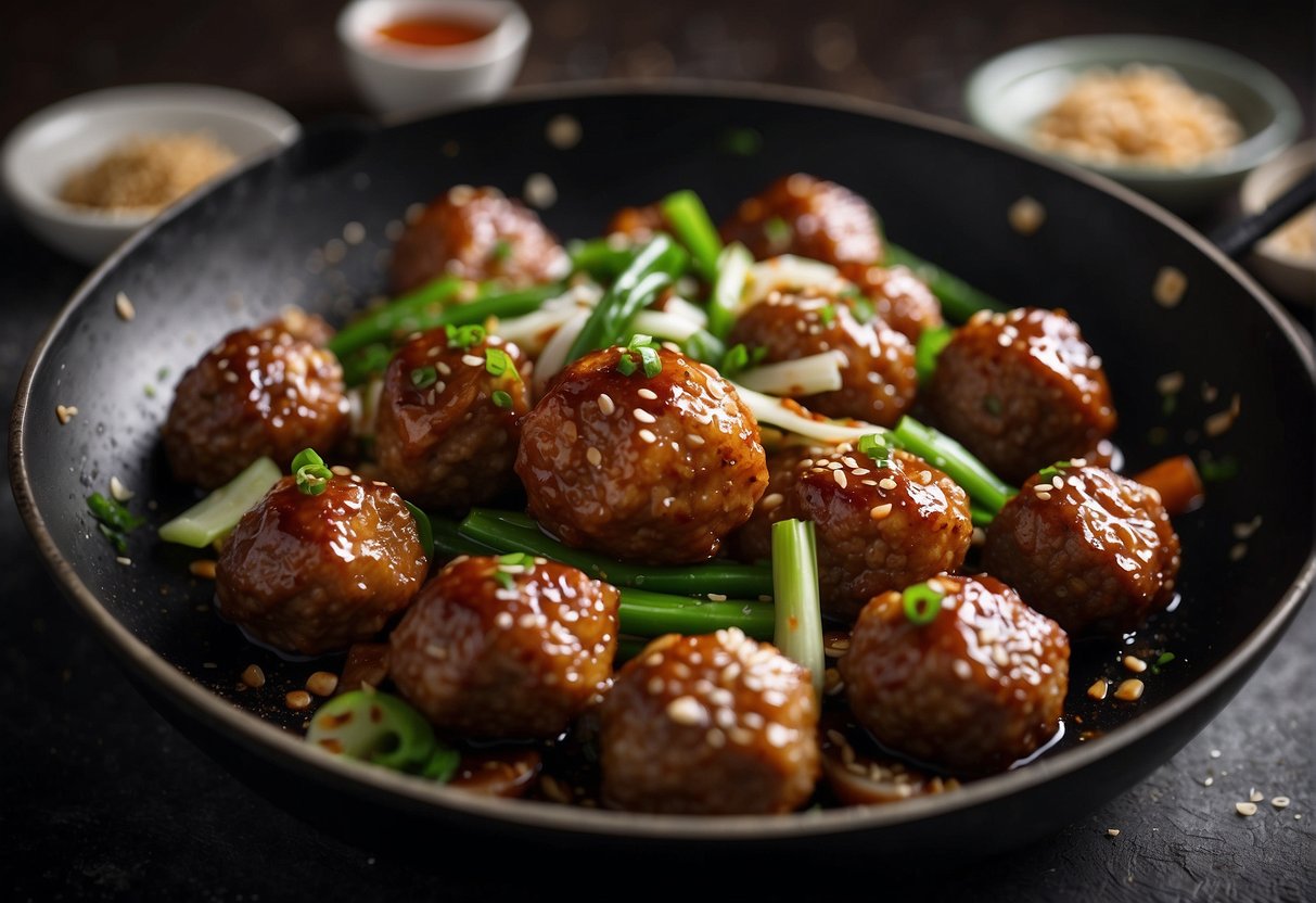 A wok sizzles with pork and beef meatballs, stir-frying in a fragrant blend of ginger, garlic, and soy sauce. Green onions and sesame seeds garnish the dish
