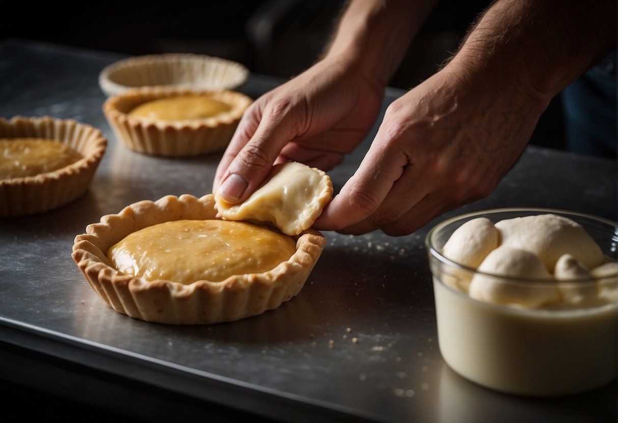 A hand presses dough into a tart mold, creating a smooth, even shell. Ingredients and utensils are neatly arranged nearby
