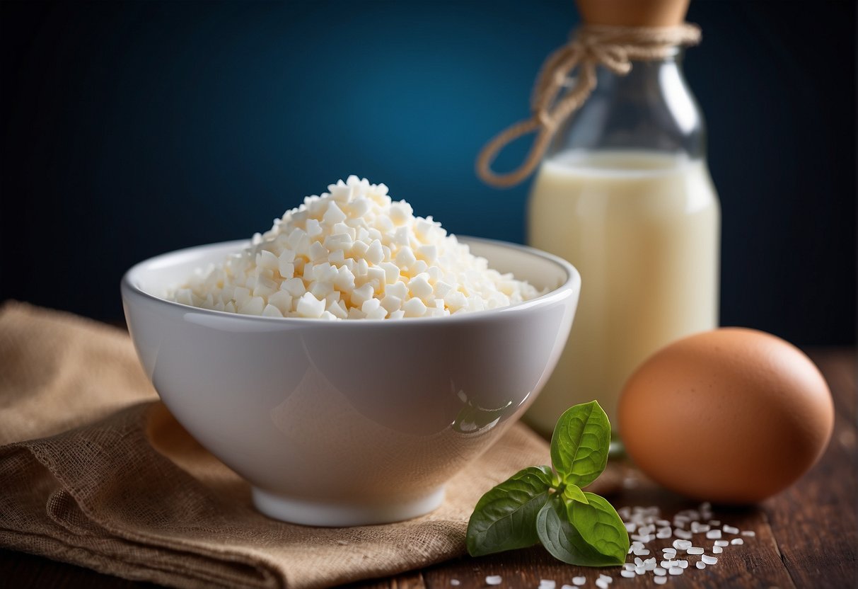 A bowl of egg whites, sugar, and vanilla extract. Nearby, a container of cornstarch and a bottle of rice vinegar