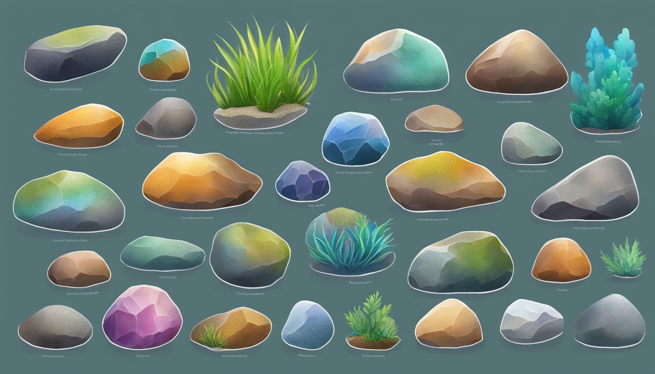Colorful aquarium rocks displayed on a website with a "Frequently Asked Questions" section. Text and images of various rock types and sizes
