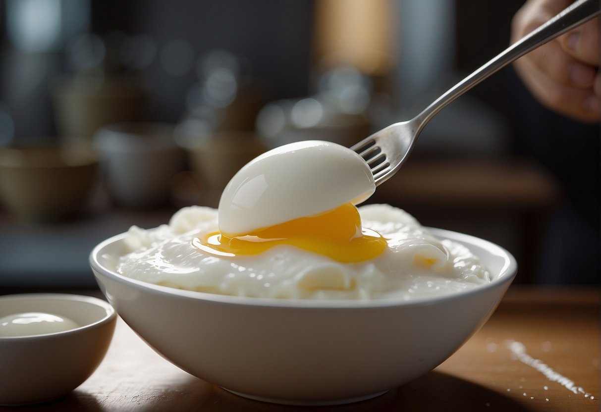 Egg whites being whisked vigorously in a bowl, with a hint of sugar and a drop of vanilla extract being added