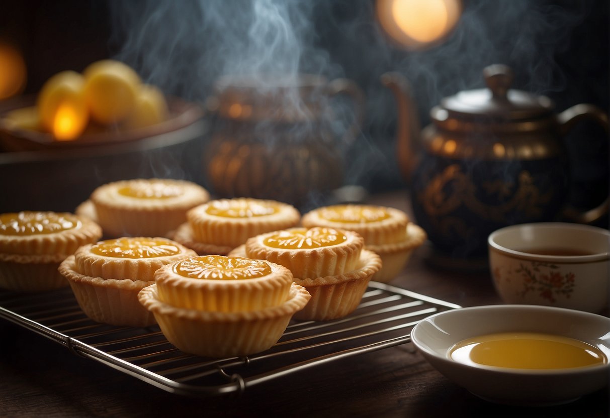 A tray of golden Chinese egg tarts cooling on a wire rack, with a steaming teapot and delicate porcelain cups nearby