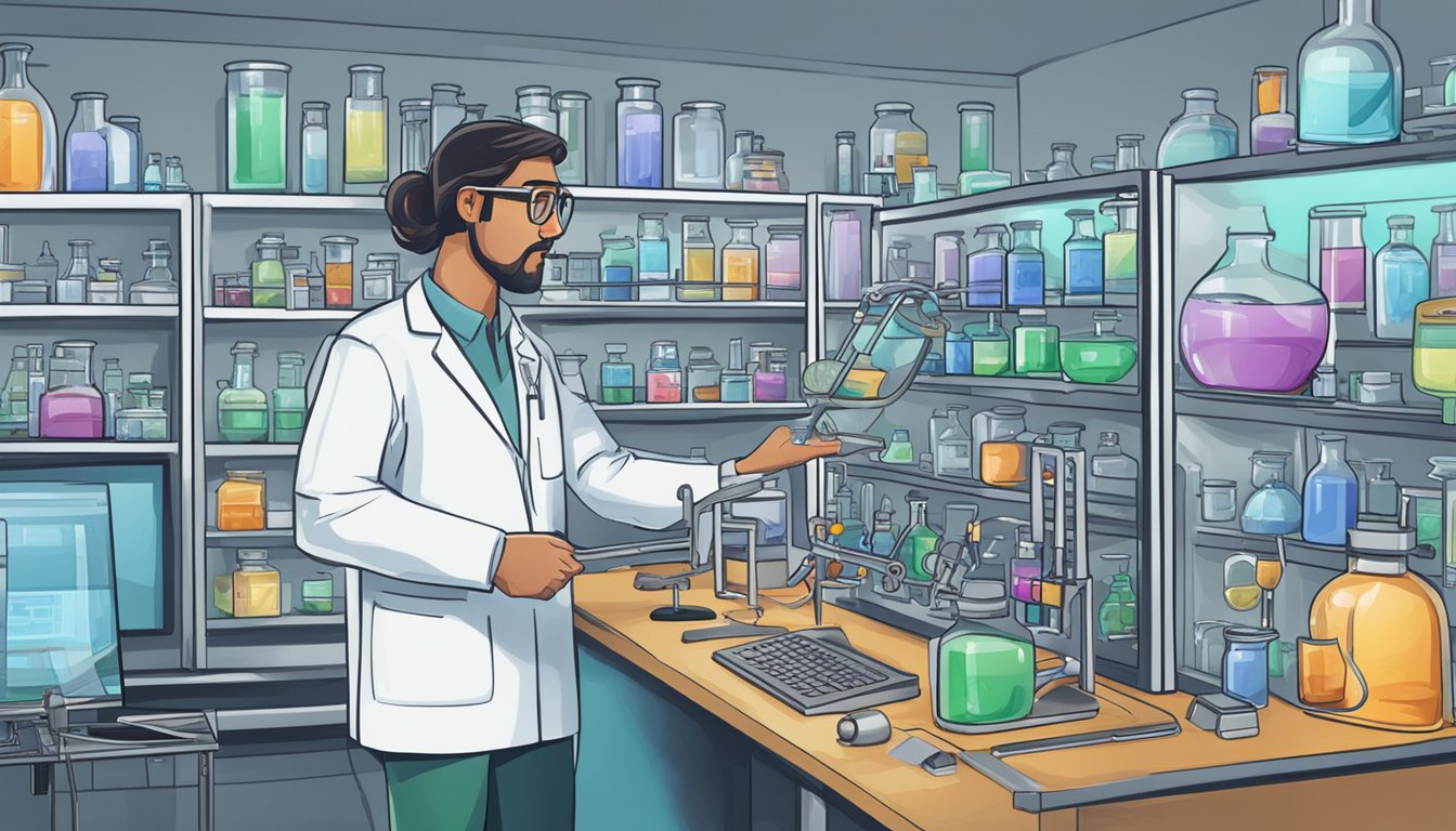 A scientist chooses lab equipment from a variety of options displayed on a computer screen, then clicks "add to cart" to purchase online