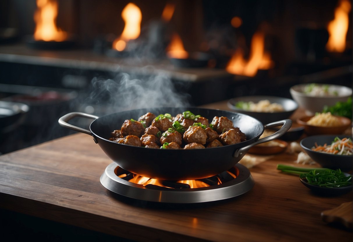 A wok sizzles with pork, ginger, and garlic. A chef adds soy sauce and shapes the mixture into meatballs. Green onions garnish the finished dish