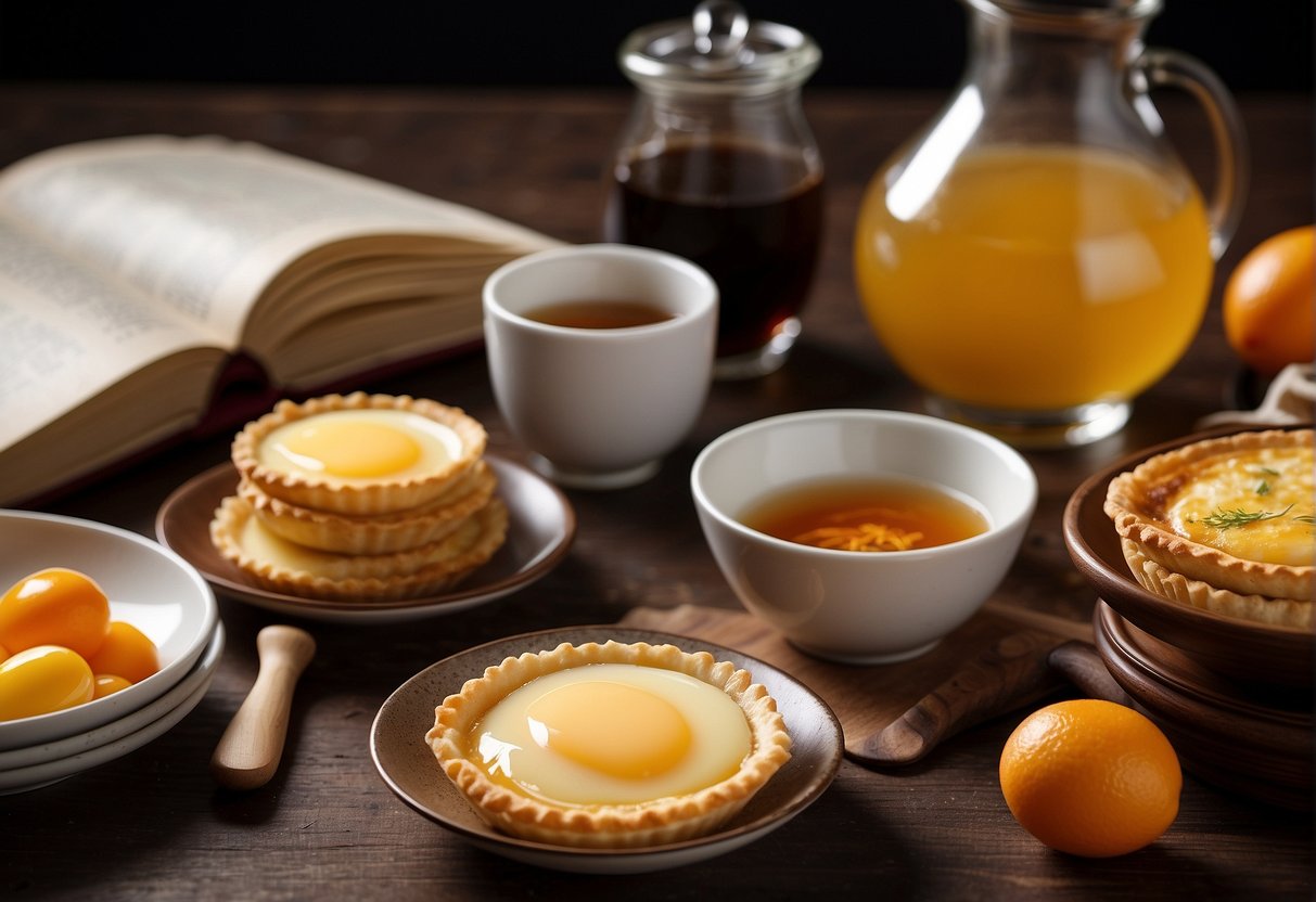 A table set with ingredients and utensils for making Chinese egg tarts, with a recipe book open to the "Frequently Asked Questions" section