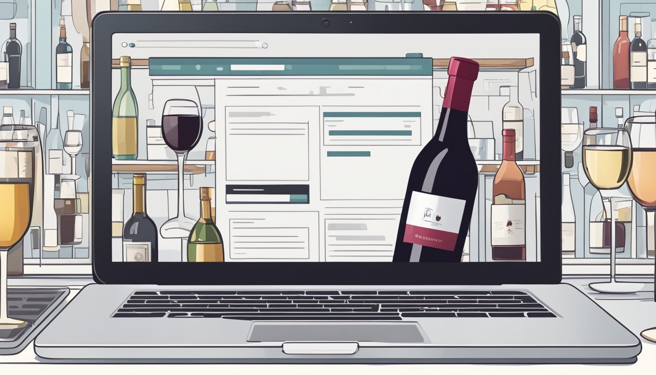 A hand reaches for a bottle of red wine on a laptop screen, surrounded by various wine options and a checkout button