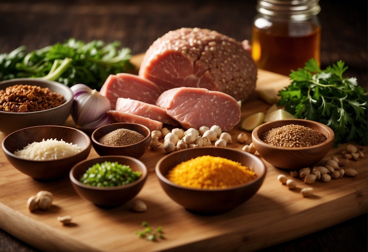 An array of ingredients laid out on a wooden cutting board, including ground pork, ginger, garlic, soy sauce, and various spices. A mixing bowl sits nearby, ready to combine the elements into flavorful meatballs