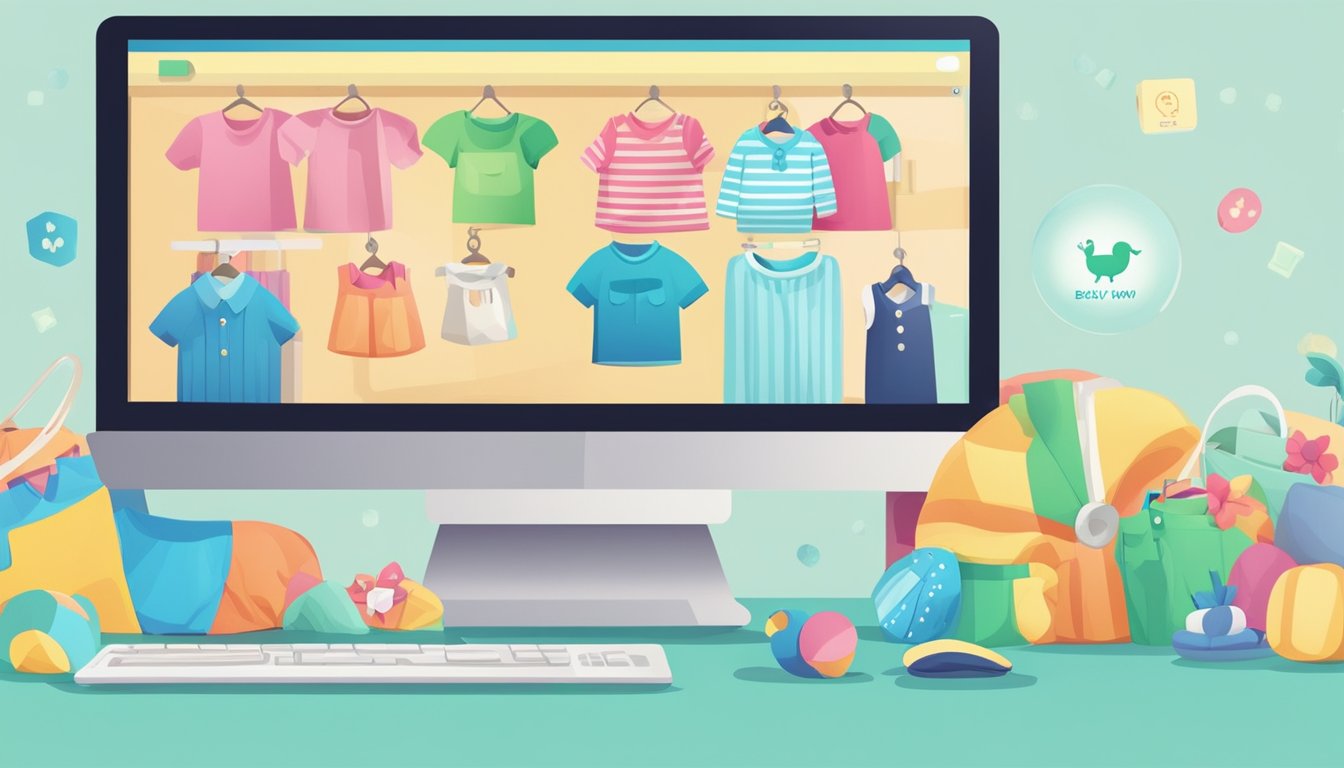 A computer with a colorful display showing a website selling baby clothes. A cursor hovers over a "buy now" button