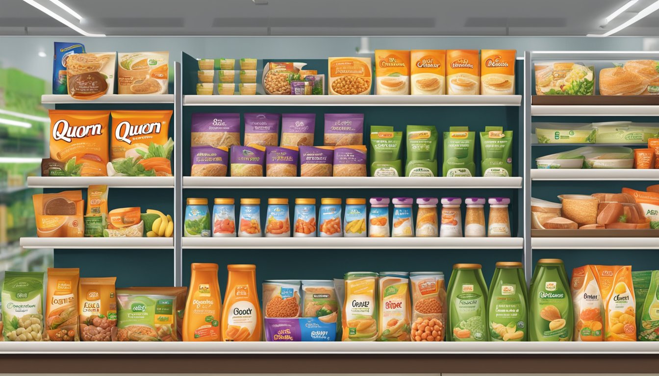 A bustling grocery store shelf displays various Quorn products in Singapore