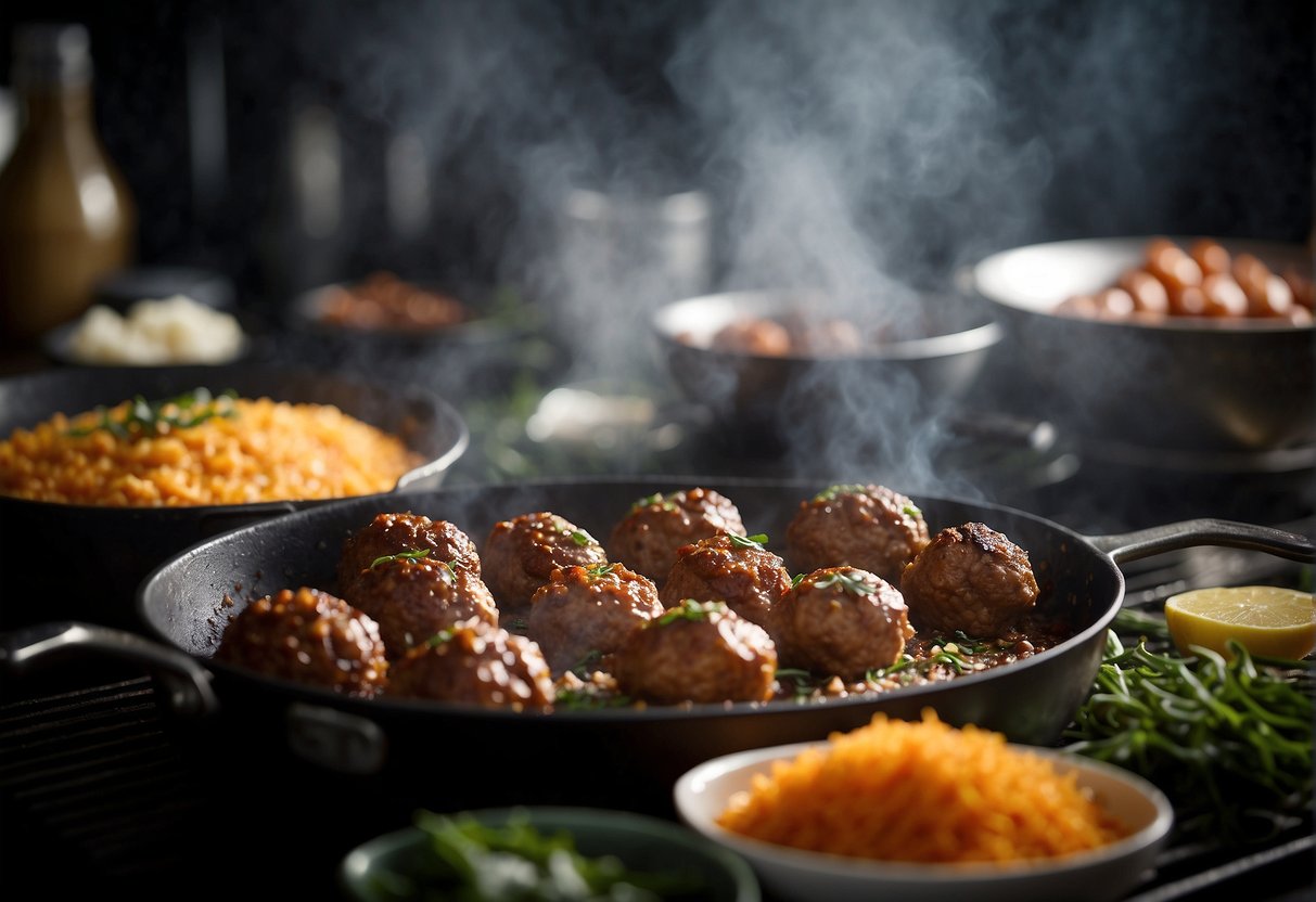 Meatballs being seasoned with Chinese spices and herbs in a kitchen setting