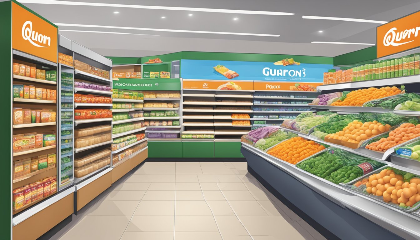 A bustling Singapore grocery store shelf displays various Quorn products, with clear signage indicating their availability for purchase