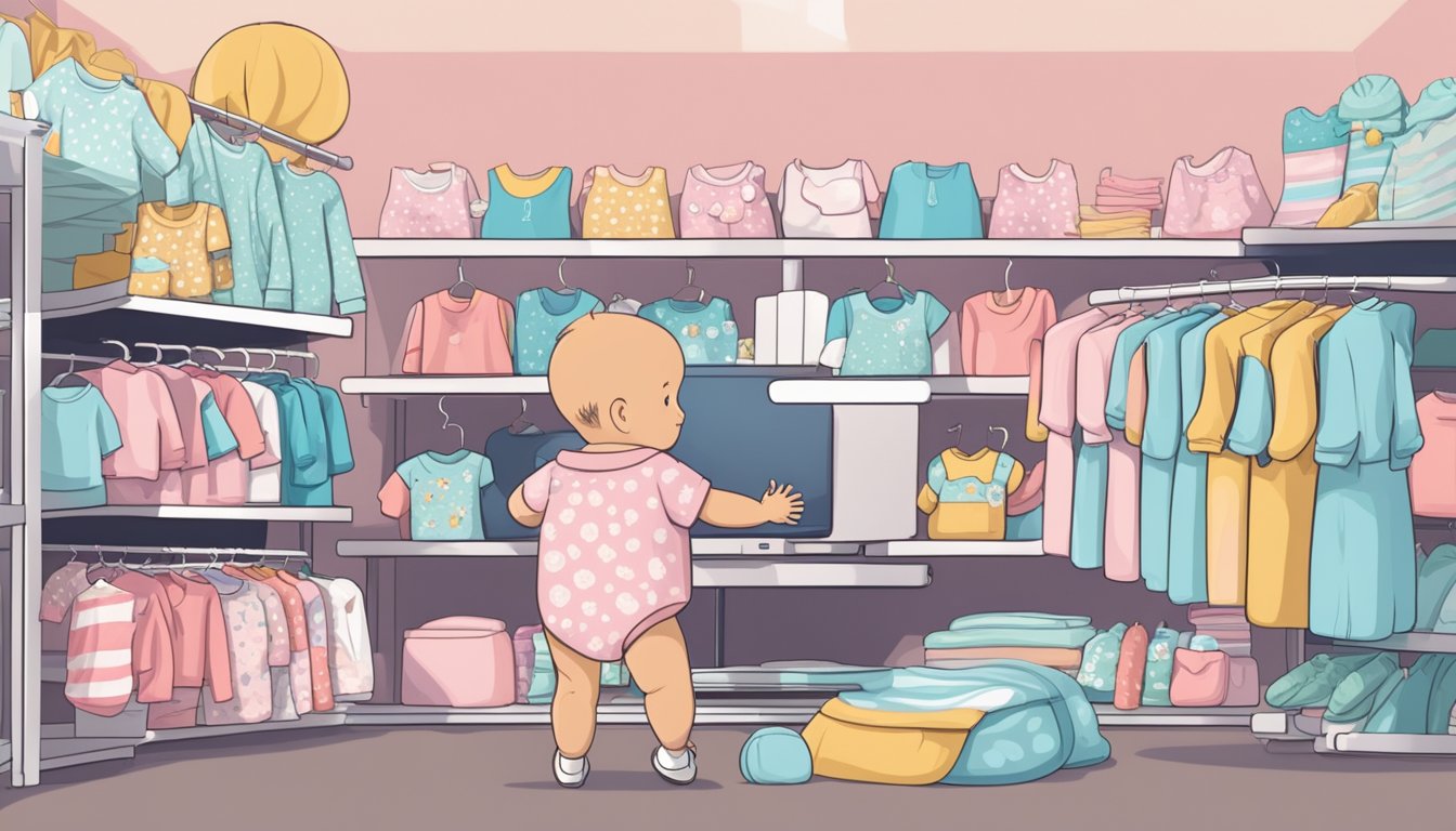 A hand reaches for a cute onesie among racks of baby clothes, while a computer screen displays an online store with various options