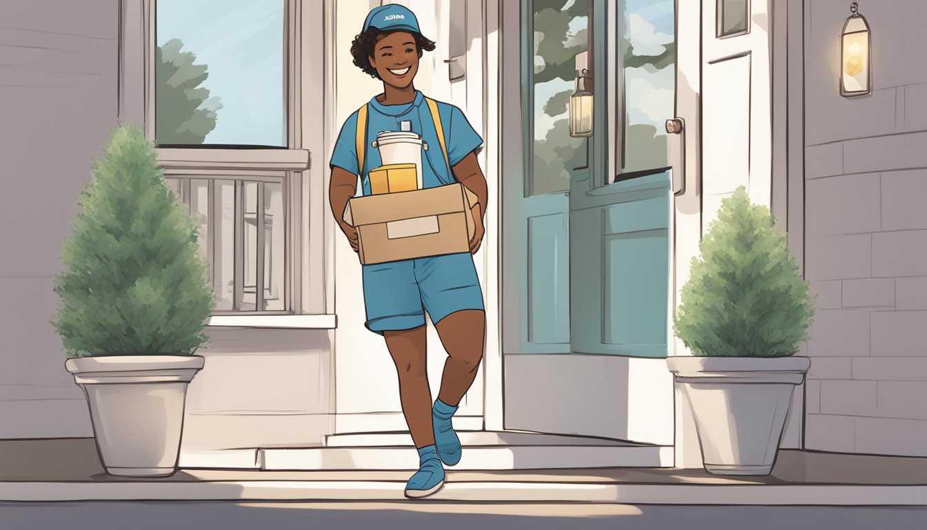 A baby onesie and tiny socks are being delivered to a doorstep, with a smiling delivery person holding a package labeled "Convenient Shopping and Delivery Options."
