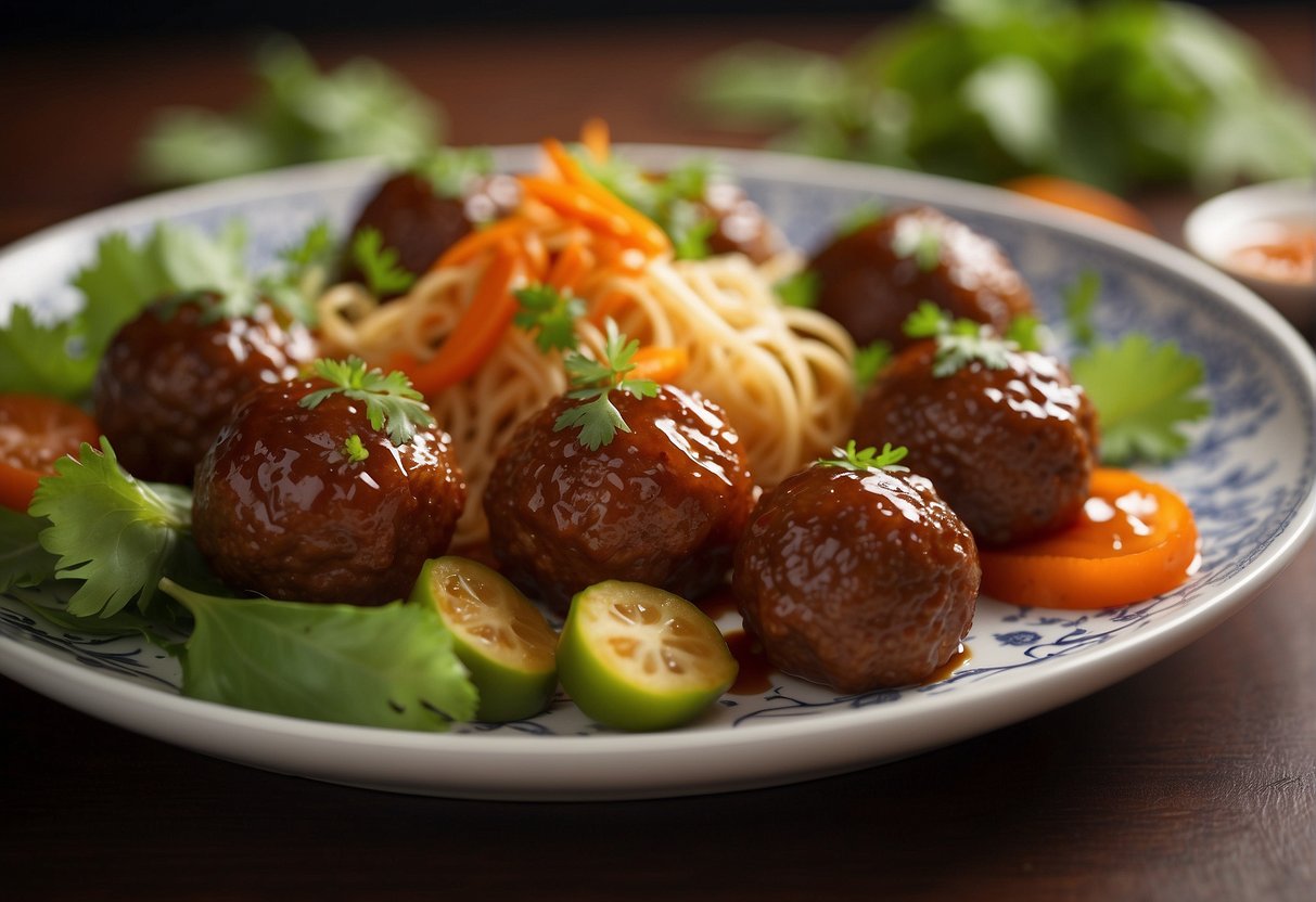 Chinese-style meatballs arranged on a decorative platter with garnishes and sauce