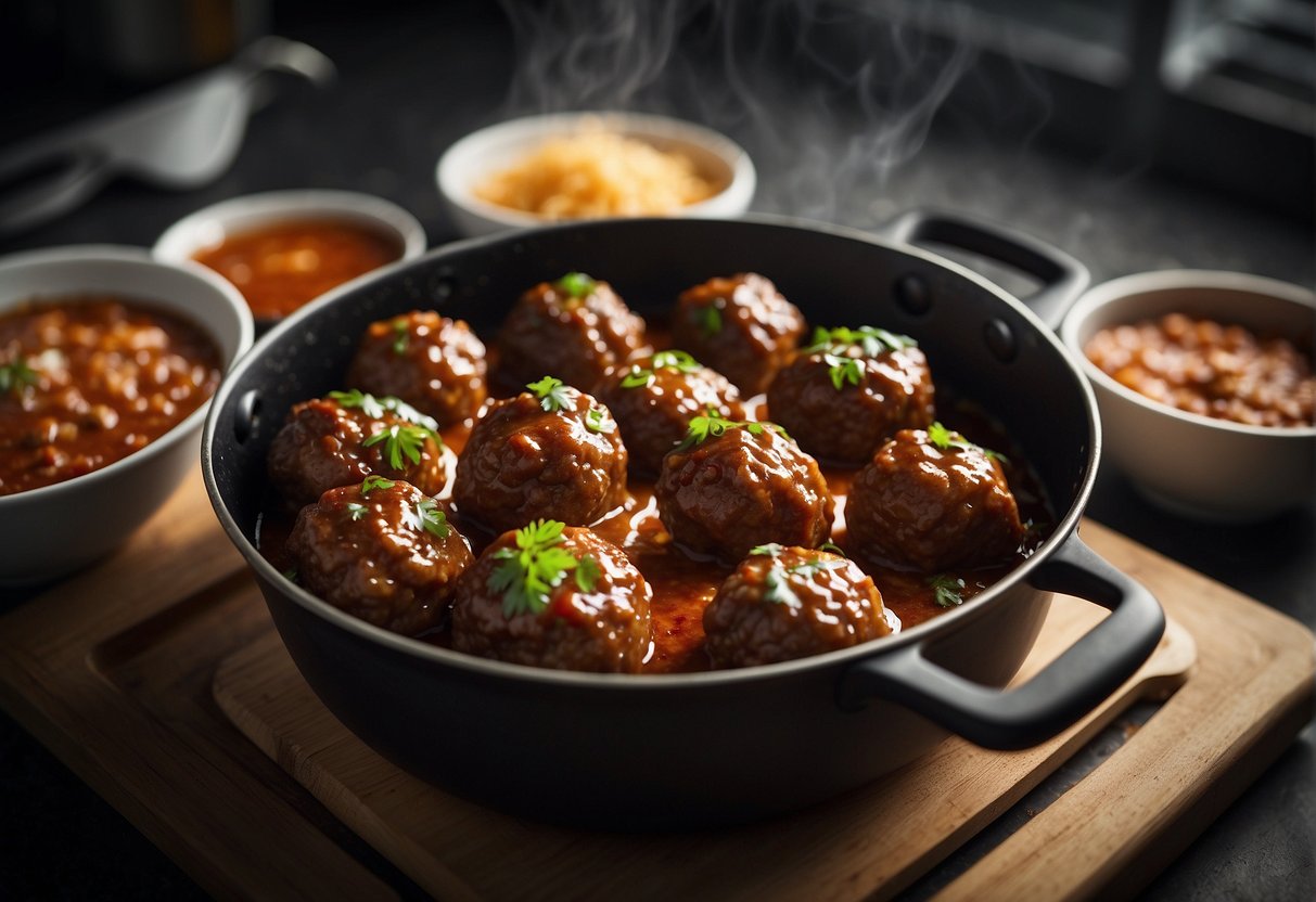 Meatballs simmer in savory Chinese sauce, then placed in airtight containers for storage. Later, they are reheated in a pan until piping hot