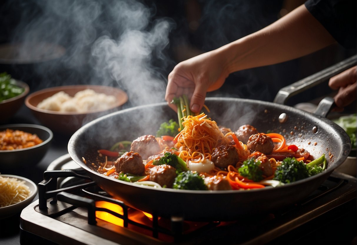 A wok sizzles with Chinese style meatball ingredients. A chef's hand sprinkles seasoning as steam rises