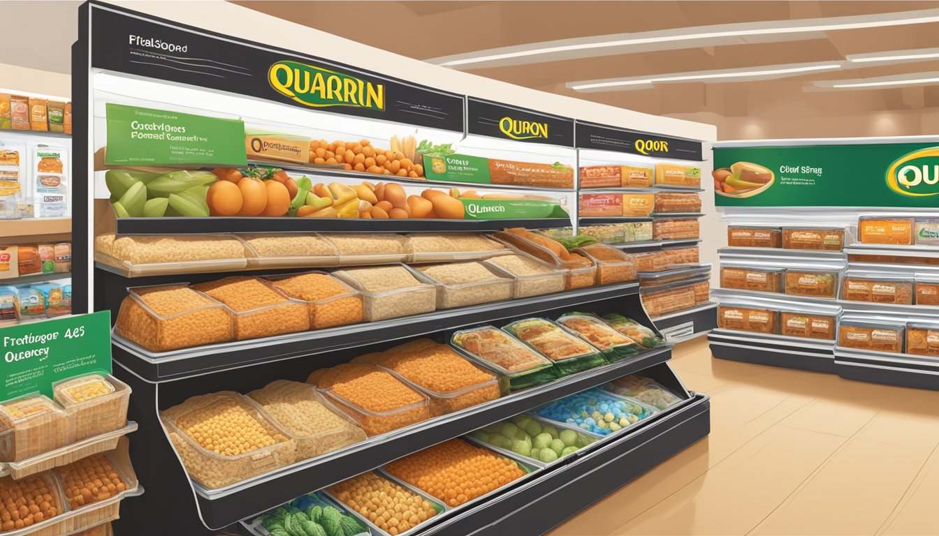 A display of Quorn products in a Singapore grocery store, with clear signage and labels indicating where to find the items