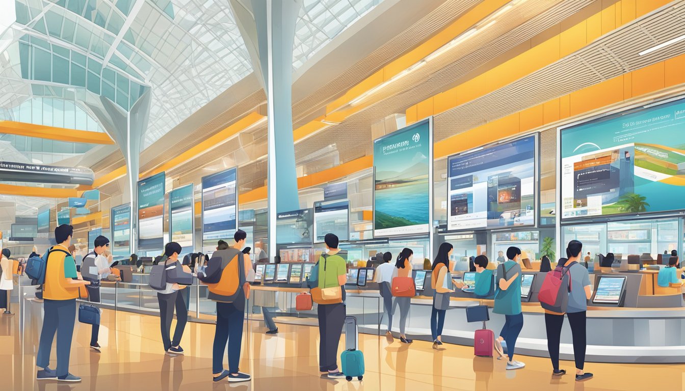 Passengers browsing kindle books at Changi Airport, surrounded by sleek displays and modern architecture