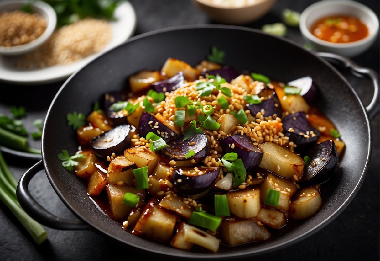 A wok sizzles with sliced eggplant, garlic, and ginger in a fragrant sauce of soy, hoisin, and chili paste. Green onions and sesame seeds garnish