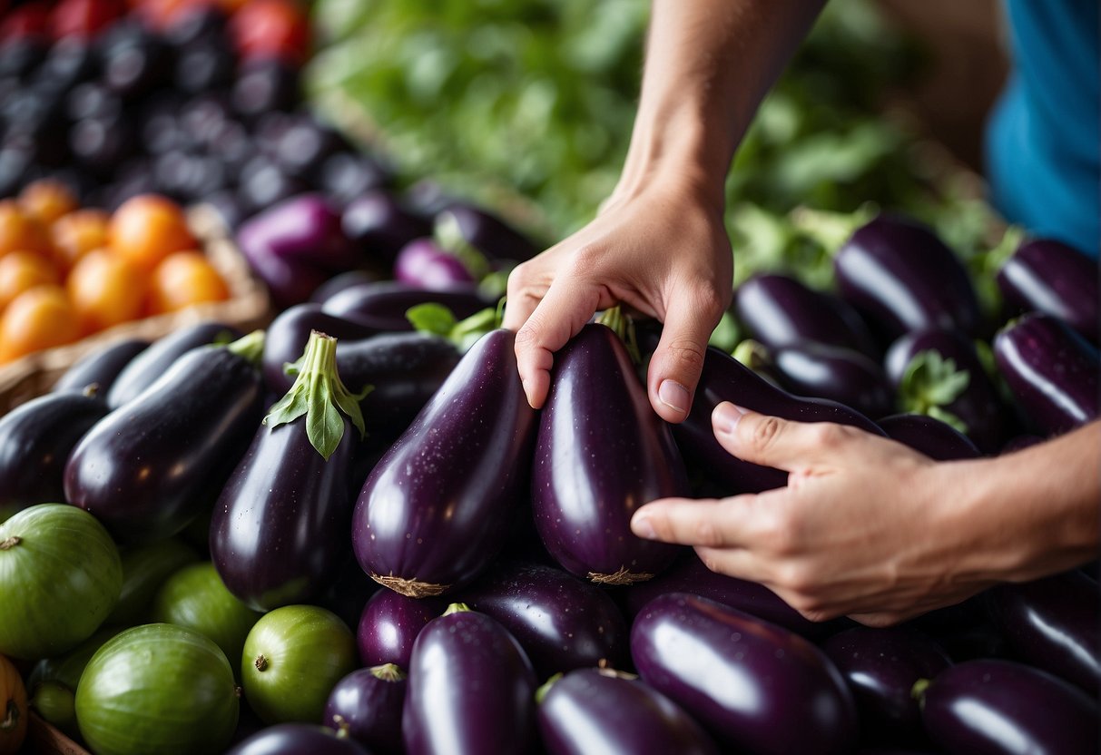 A hand reaches for a glossy, deep purple eggplant amidst a pile of fresh produce at a bustling market