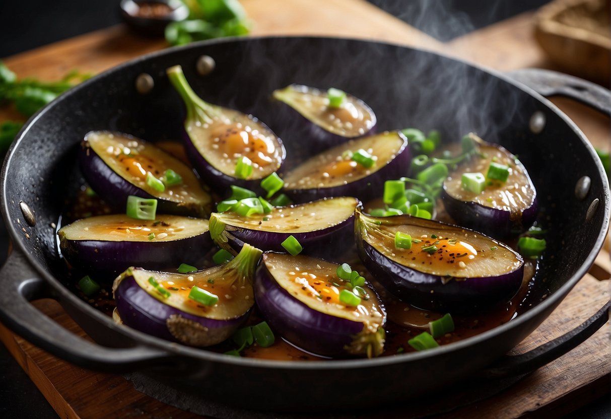 Eggplants sizzling in a wok with hoisin sauce, garlic, and ginger. Green onions sprinkled on top. A steamy, savory aroma fills the air
