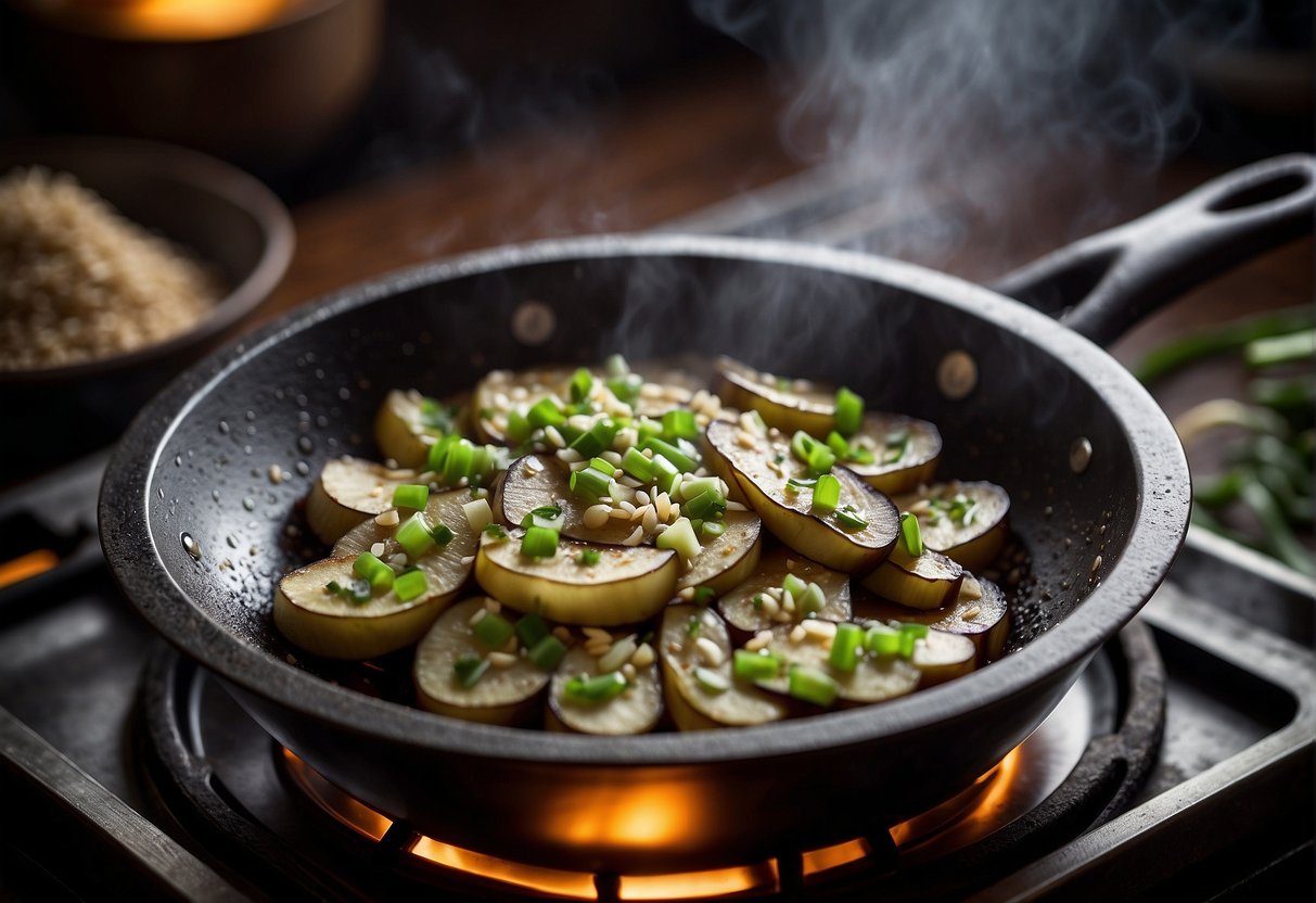 Sliced eggplant sizzling in a wok with garlic, ginger, and soy sauce, steam rising. Chopped green onions and sesame seeds nearby
