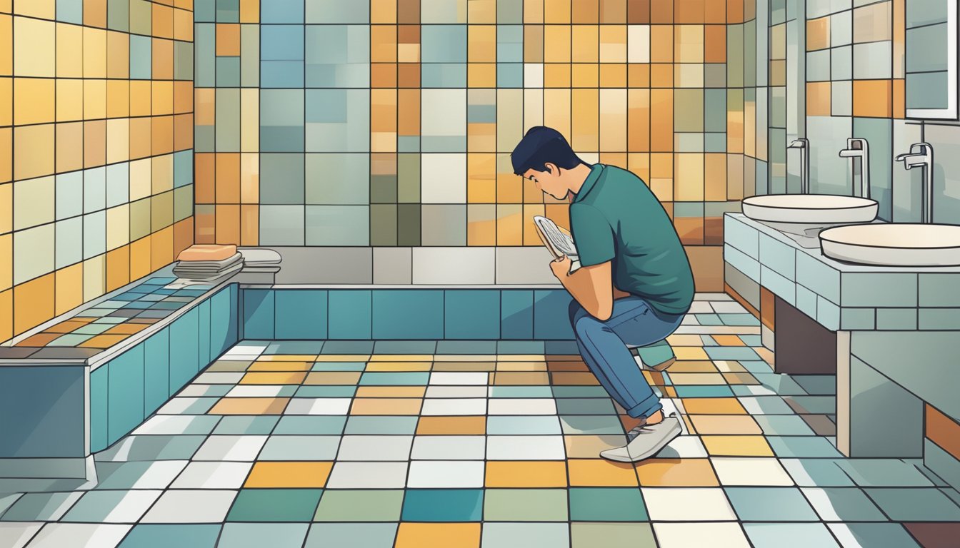 A person browsing a variety of bathroom tiles online, comparing colors, patterns, and textures before making a selection