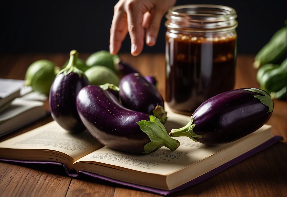 A hand reaches for a vibrant Chinese eggplant, alongside a jar of hoisin sauce and a recipe book titled "Choosing the Right Eggplant."