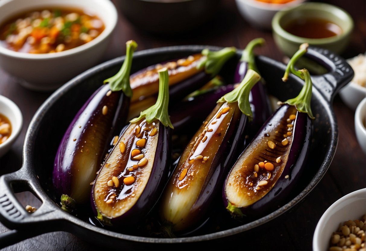 Sliced Chinese eggplants sizzling in a hot wok with garlic, ginger, and soy sauce, creating a fragrant and savory aroma