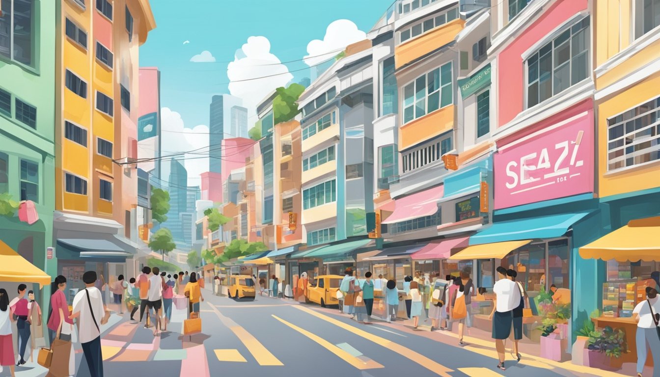 A bustling street in Singapore with vibrant storefronts and signs advertising skincare products, including retin A. Busy shoppers and colorful buildings fill the scene