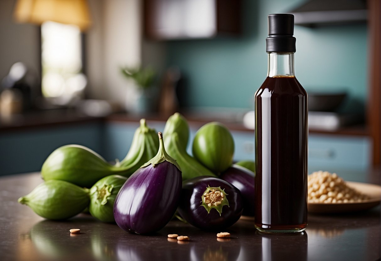 A Chinese eggplant, a bottle of hoisin sauce, and alternative ingredients arranged on a kitchen counter