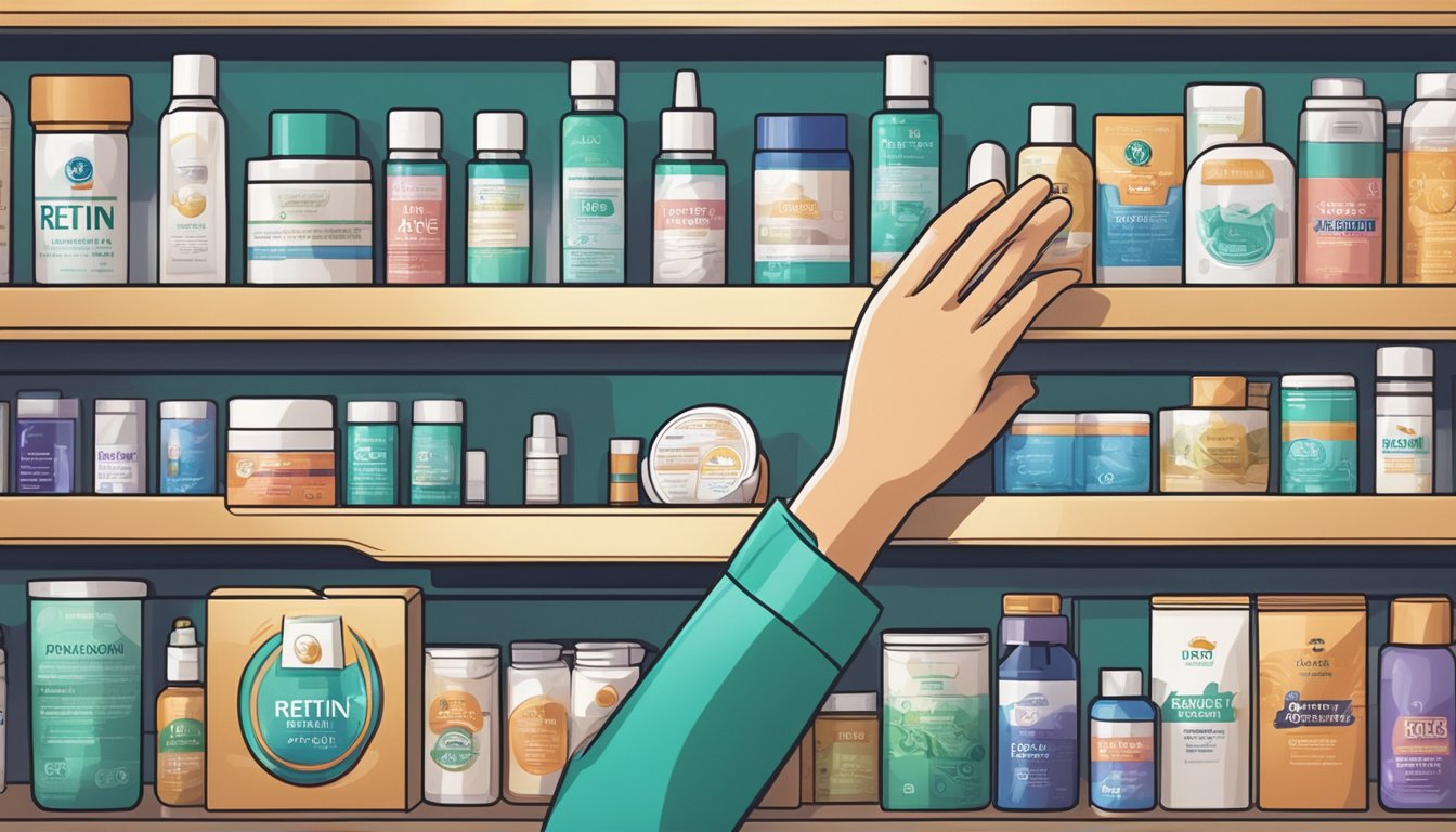 A hand reaches for a tube of Retin A on a pharmacy shelf in Singapore. Bright lighting highlights the product's packaging