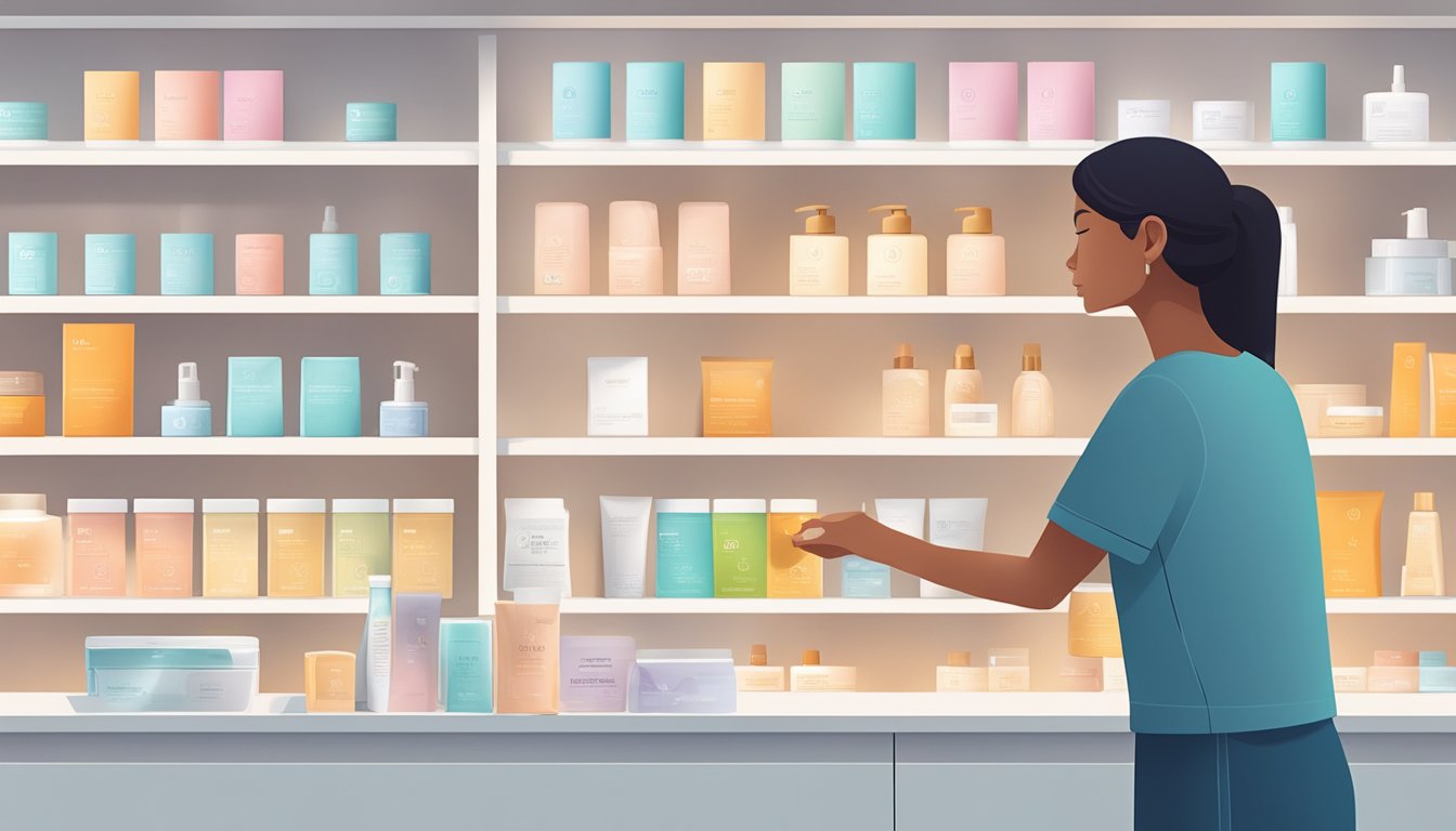 A hand reaching for a tube of Retin A from a shelf in a modern skincare store in Singapore. Bright lighting and clean, minimalist packaging