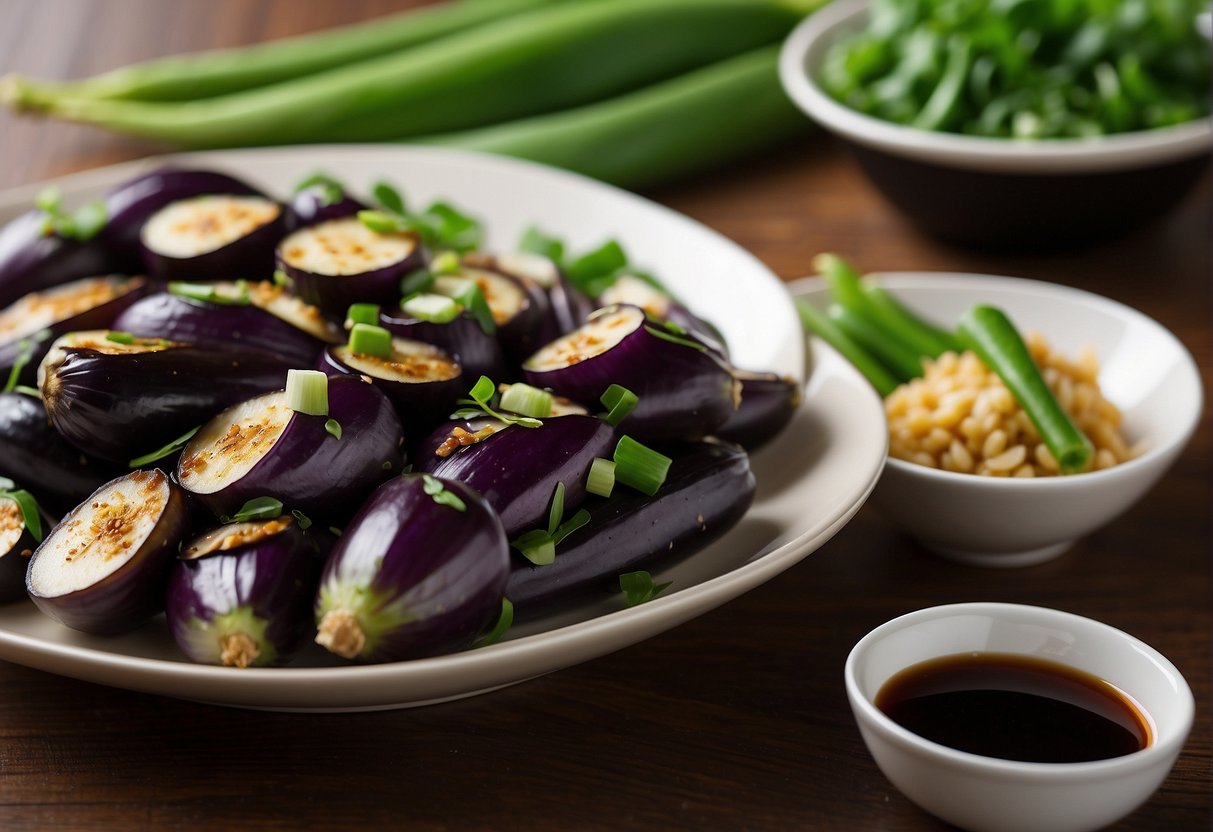 A platter of sliced Chinese eggplant, surrounded by bowls of soy sauce, garlic, and green onions