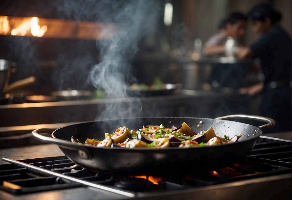 A wok sizzles as Chinese eggplants are stir-fried with garlic, ginger, and soy sauce. Steam rises as the aroma fills the kitchen