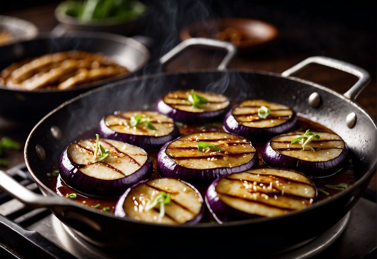 Eggplant slices sizzling in a hot wok with a drizzle of oil, while being tossed and coated with savory hoisin sauce