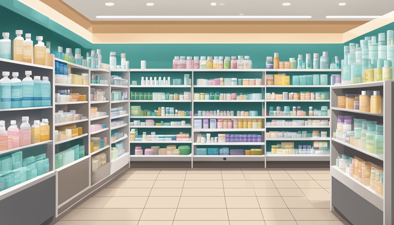 A pharmacy with shelves of skincare products, including retin A, with a sign reading "Frequently Asked Questions" in Singapore