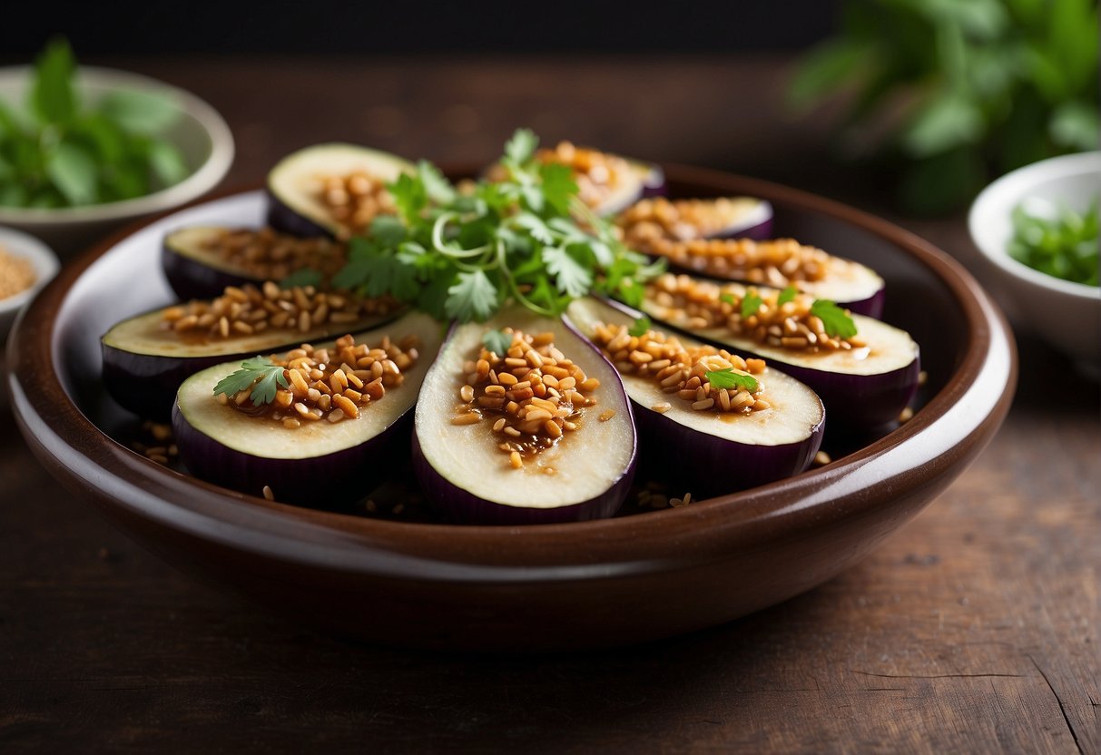 A platter of sliced Chinese eggplant with a side of hoisin sauce, surrounded by fresh herbs and spices
