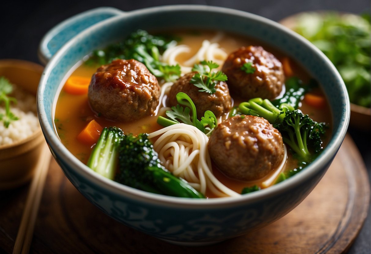 A pot of bubbling meatball soup, filled with tender pork meatballs, clear broth, and vibrant green vegetables. Chopsticks rest on the side of the bowl