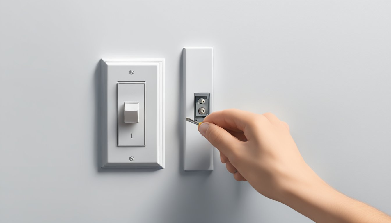 A hand reaches to install a LeGrand switch on a clean, white wall. Another hand holds a screwdriver, tightening the screws