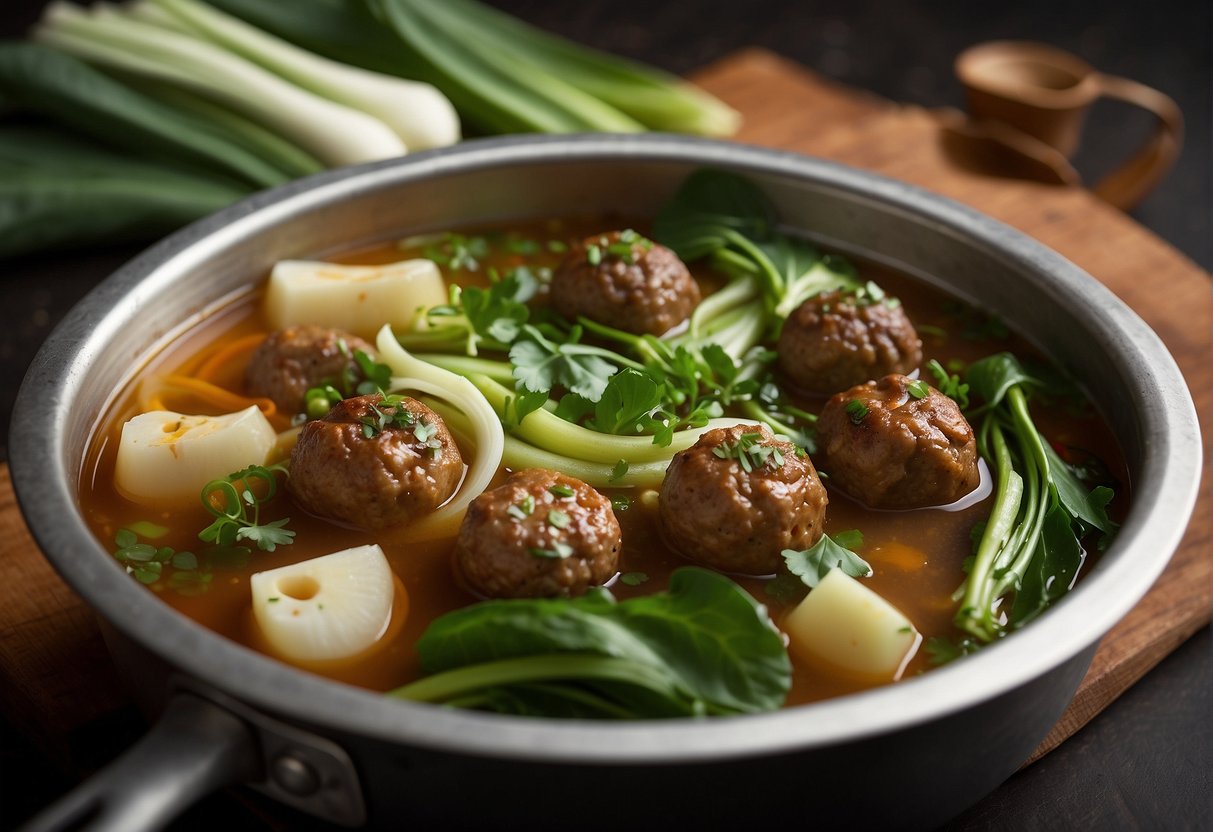 A pot simmering with savory broth, floating meatballs, sliced green onions, and tender bok choy. Aromatic spices fill the air