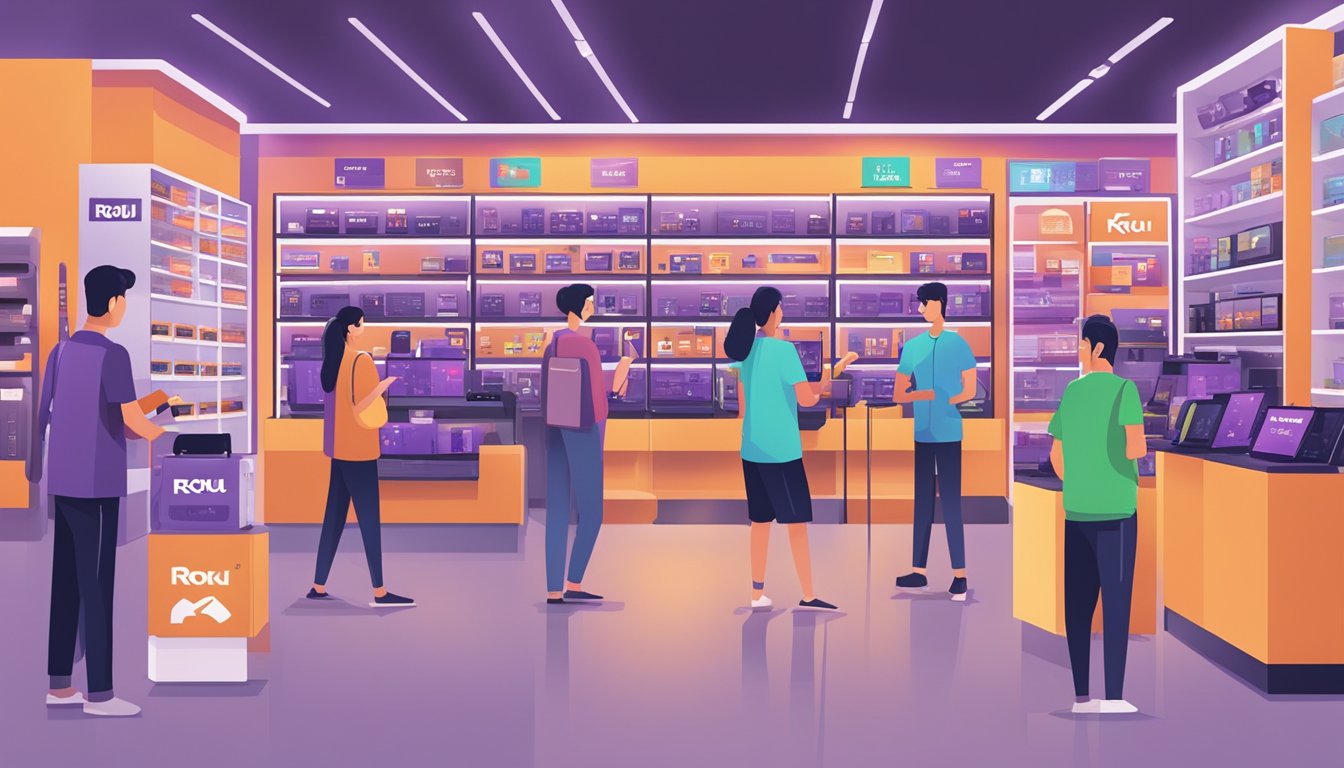 A bustling electronics store in Singapore displays shelves of Roku Ultra devices, with customers browsing and asking questions to the attentive staff