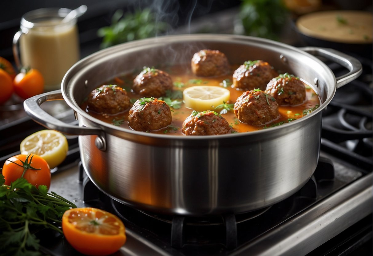 A large pot simmers on a stove, filled with savory broth and plump meatballs. Fresh herbs and spices sit nearby, ready to be added