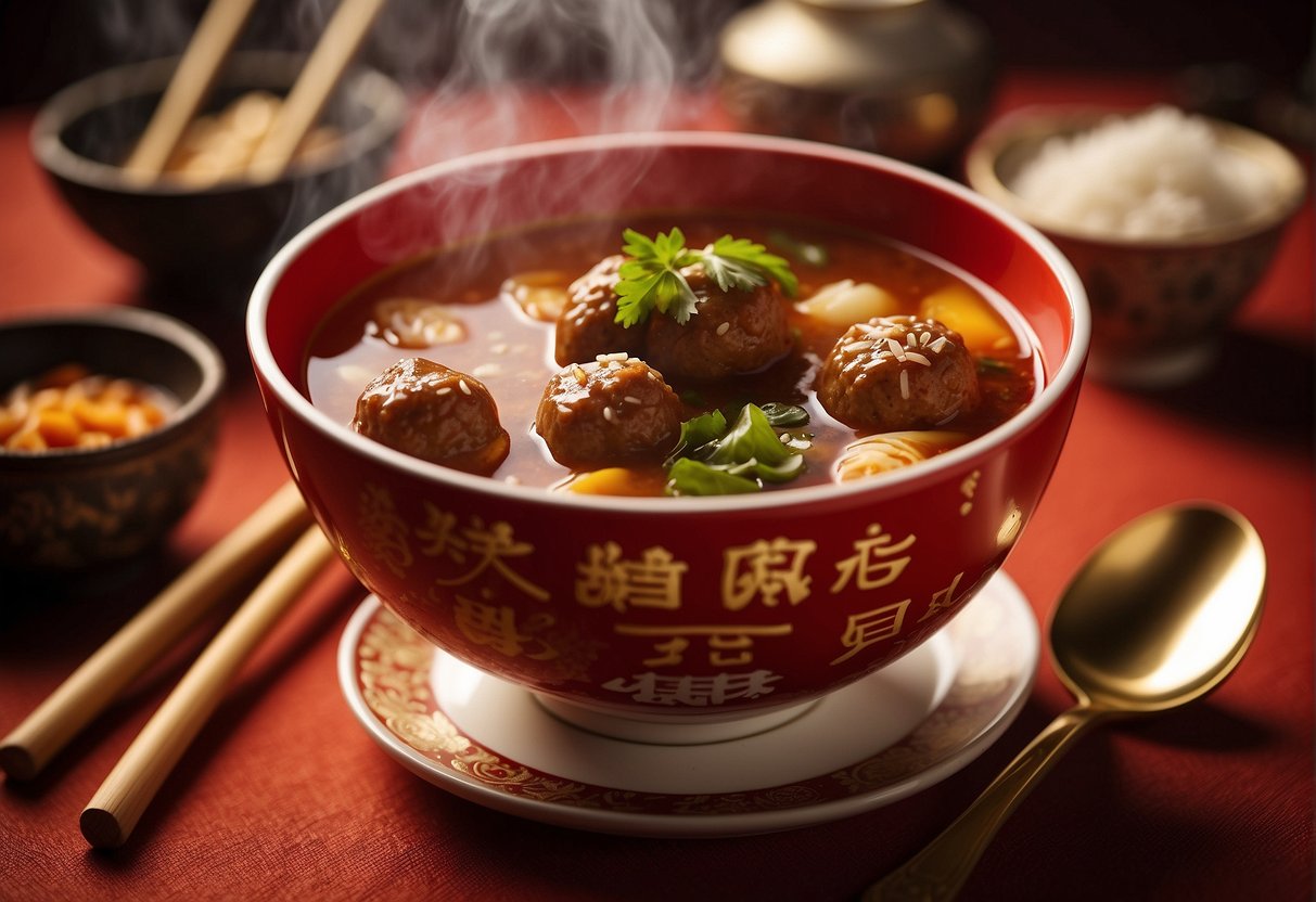 A steaming bowl of meatball soup surrounded by chopsticks and a spoon, with Chinese characters on a red and gold tablecloth