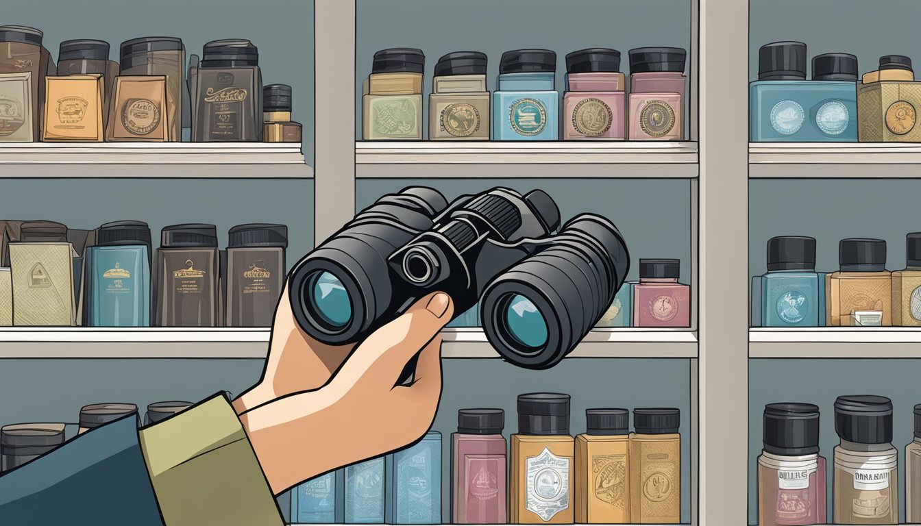 A hand reaches for a pair of binoculars on a store shelf in Singapore
