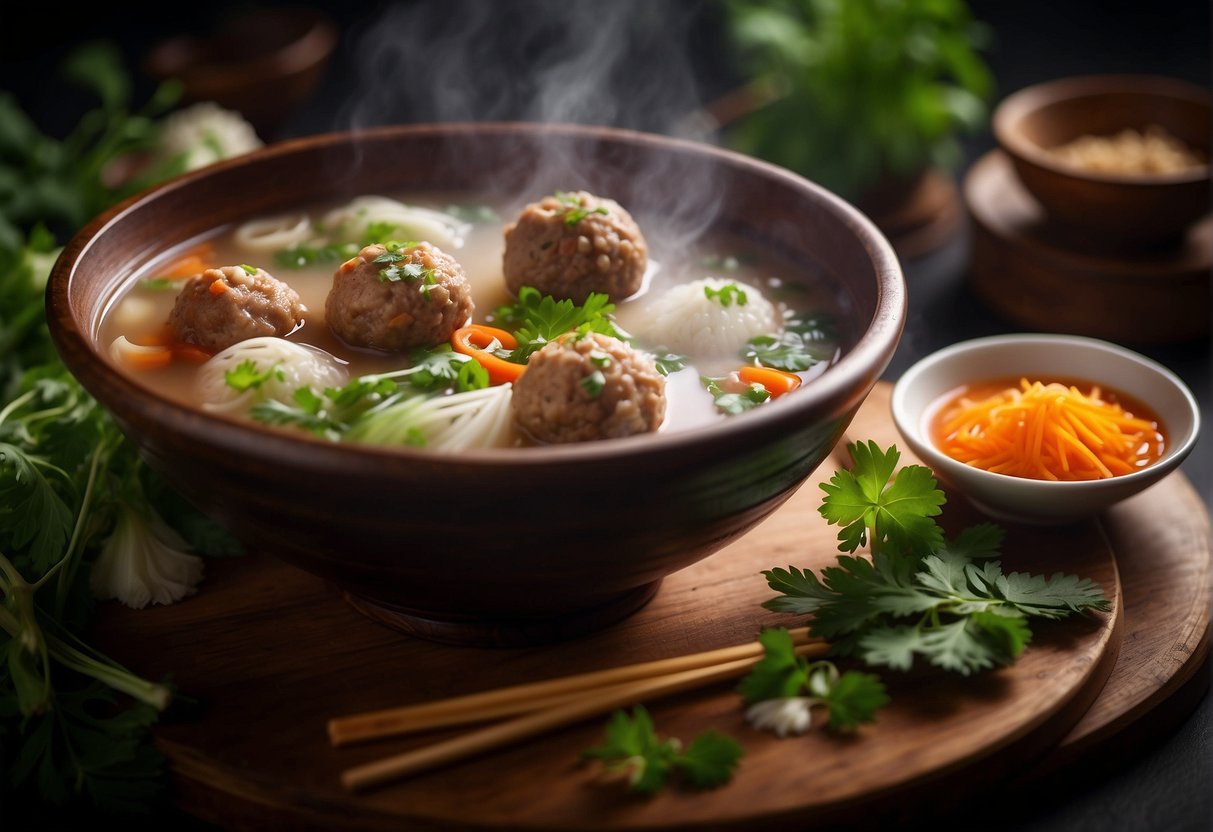A steaming bowl of traditional Chinese meatball soup, surrounded by aromatic herbs and spices, with a pair of chopsticks resting on the side